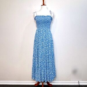 REFORMATION Midi Sundress LG Blue White Floral Smocked Top Tiered Cottage Boho